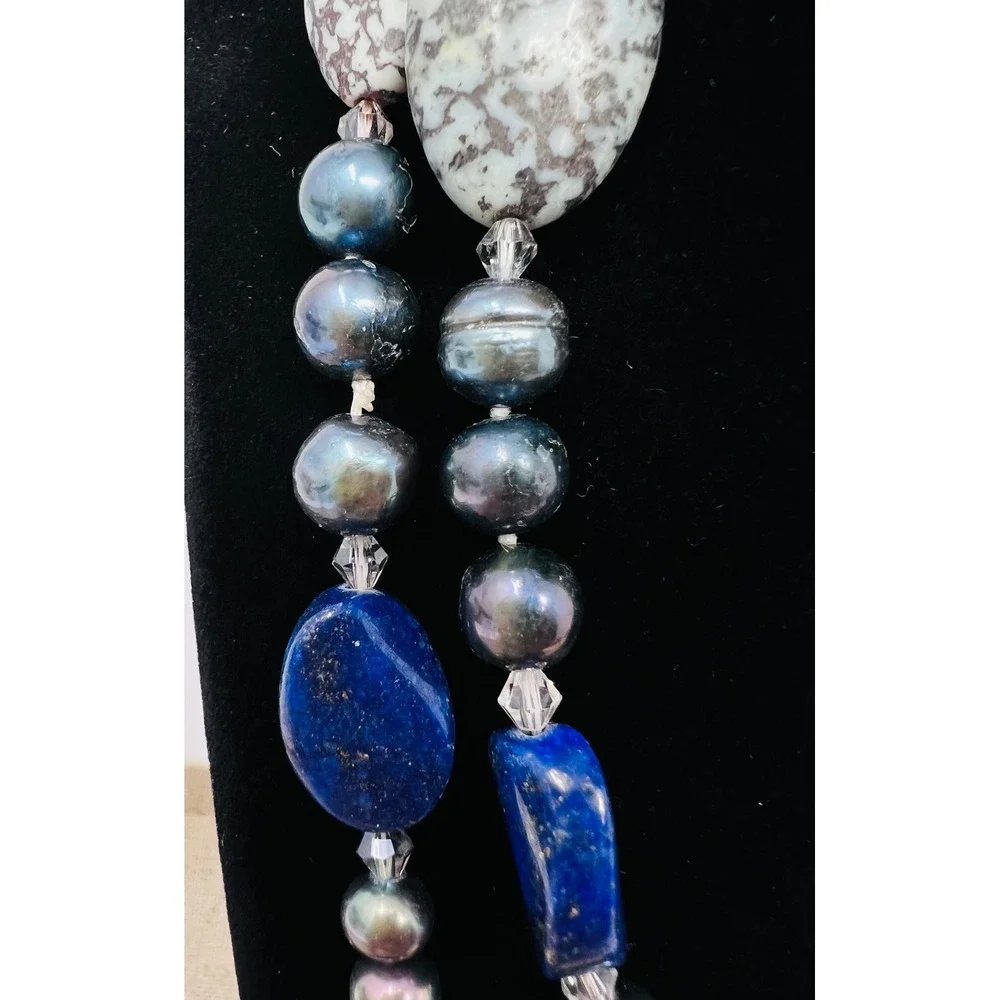 Lapis Lazuli Dalmatian Jasper and Pearl Long Strand Beaded Necklace